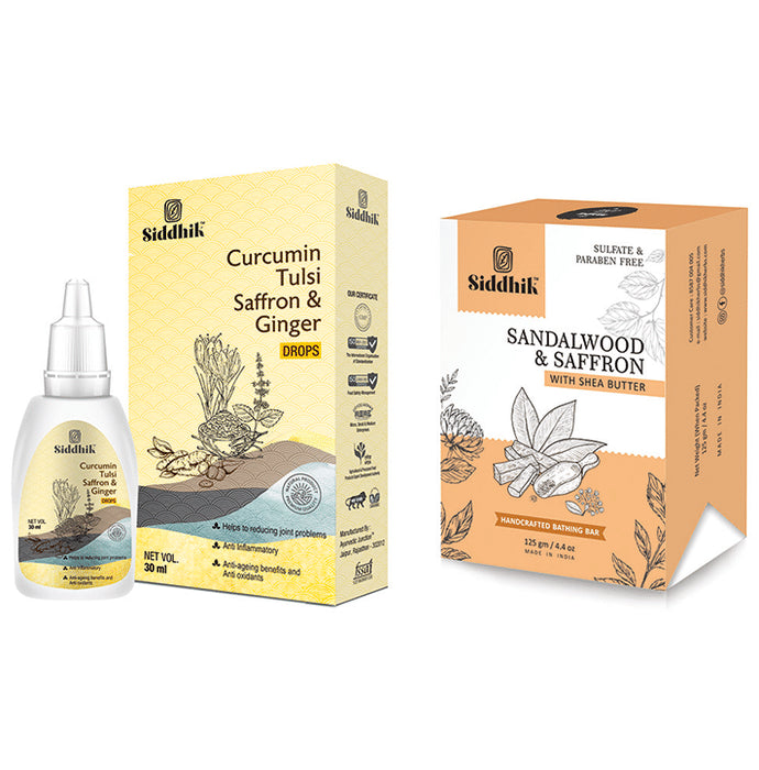 Siddhik Combo Pack of Curumin Tulsi Saffron & Ginger Drop (30ml) and Sandalwood & Saffron With Shea Butter Soap (125gm) - Classic Derma