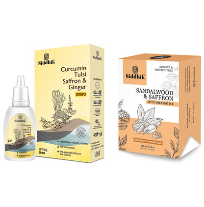 Siddhik Combo Pack of Curumin Tulsi Saffron & Ginger Drop (30ml) and Sandalwood & Saffron With Shea Butter Soap (125gm) - Classic Derma