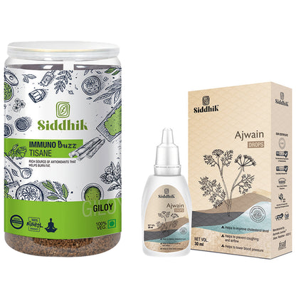 Siddhik Combo Pack of Immuno Buzz Tisane Giloy Tea 250gm & Ajwain Drop 30ml - Classic Derma