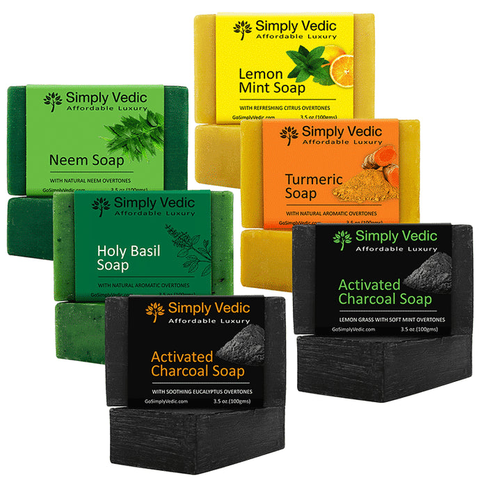 Simply Vedic Combo Pack of Soap 100gm Each ( Neem,Holy Basil, Turmeric, Lemon Mint, Activated Charcoal Eucalyptus & Charcoal Lemongrass Mint ) - Classic Derma
