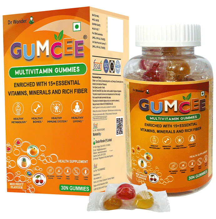 Gumcee Multivitamin Gummies with 15 Essential Vitamins (30 Each) Mix Fruit