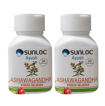 Sunloc Ayush Ashwagandha Stress Reliever Capsule (30 Each) - Classic Derma