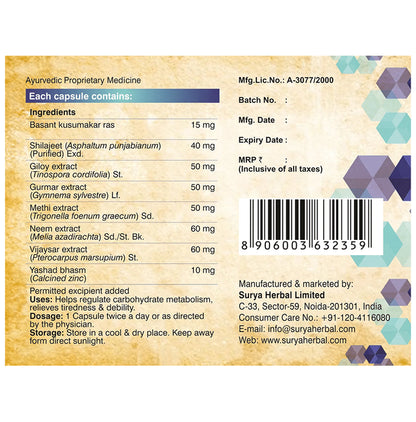Surya Herbal X-Diaba Capsule with Basant Kusumakar Ras (20 Each)