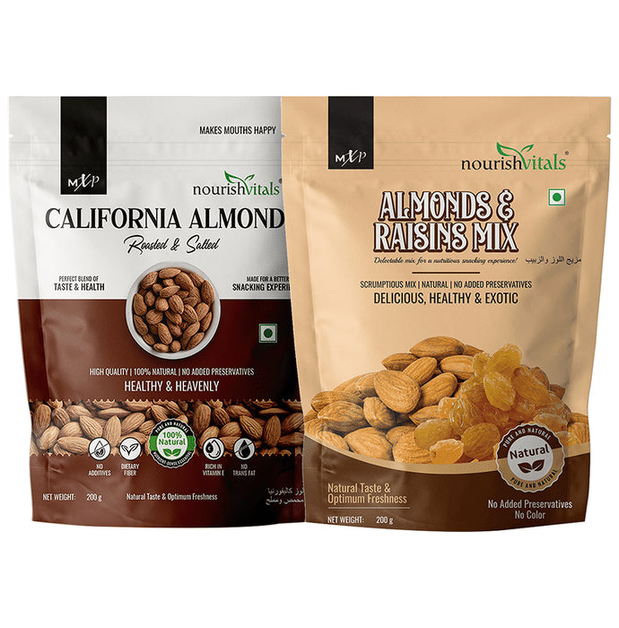 NourishVitals Combo Pack of California Almonds Roasted & Salted and Almonds Raisins Mix (200gm Each) - Classic Derma