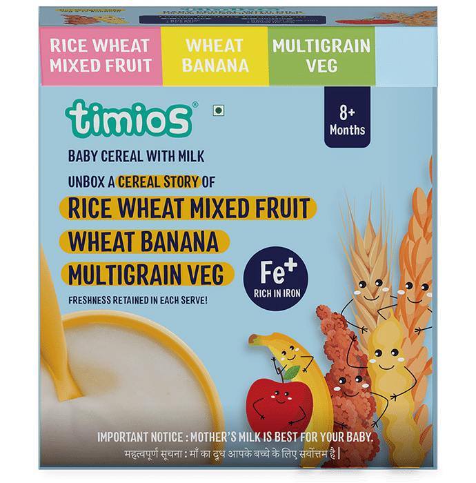 Timios Baby Cereal with Milk 8+ Months (25gm Each) 4 Rice Wheat Mixed Fruit, 4 Wheat Banana, 4 Multigrain Veg - Classic Derma
