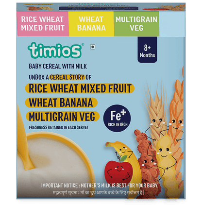 Timios Baby Cereal with Milk 8+ Months (25gm Each) 4 Rice Wheat Mixed Fruit, 4 Wheat Banana, 4 Multigrain Veg - Classic Derma