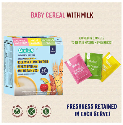 Timios Baby Cereal with Milk 8+ Months (25gm Each) 4 Rice Wheat Mixed Fruit, 4 Wheat Banana, 4 Multigrain Veg