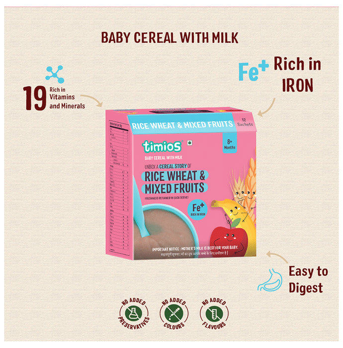 Timios Baby Cereal with Milk 8+ Months (25gm Each) Rice Wheat & Mixed Fruits