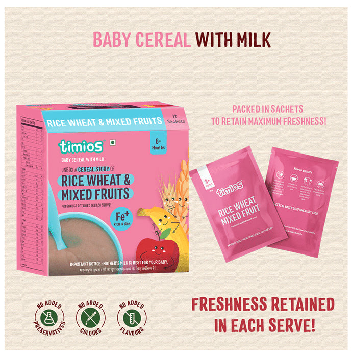 Timios Baby Cereal with Milk 8+ Months (25gm Each) Rice Wheat & Mixed Fruits