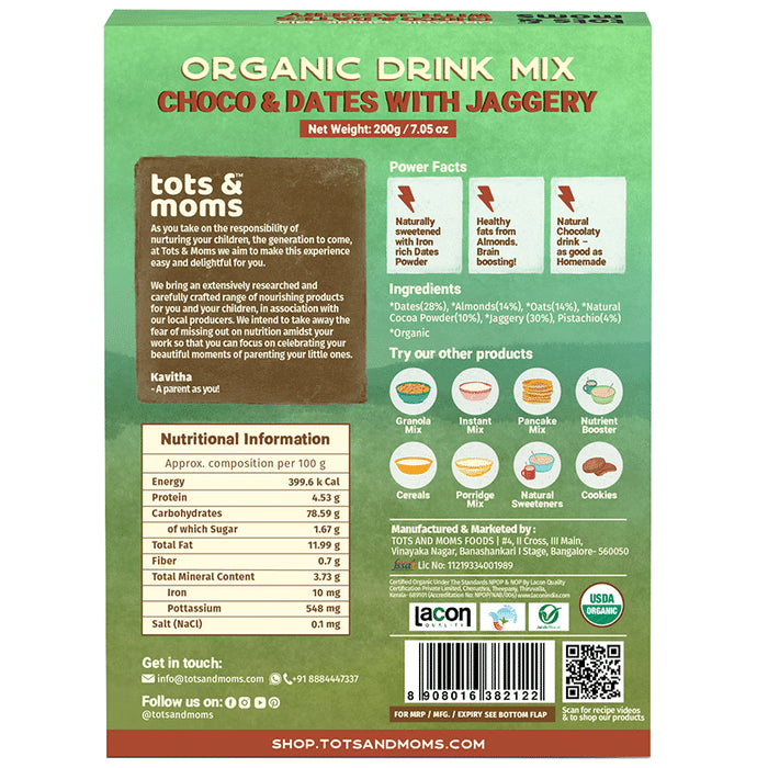 Tots and Moms Organic Drink Mix 1 Year+ Choco & Dates with Jaggery