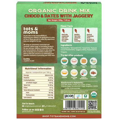 Tots and Moms Organic Drink Mix 1 Year+ Choco & Dates with Jaggery