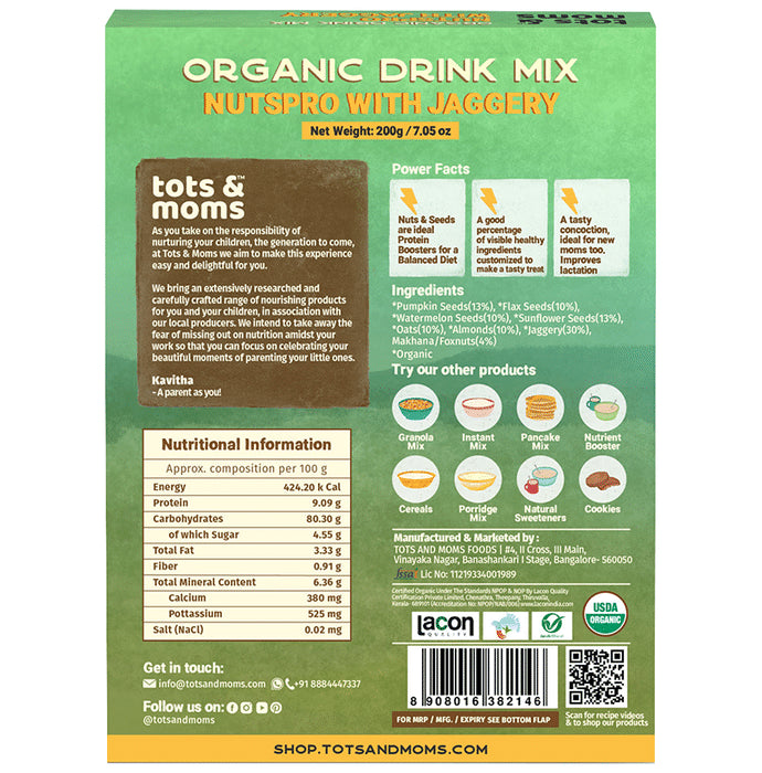 Tots and Moms Organic Drink Mix 1 Year+ Nutspro with Jaggery