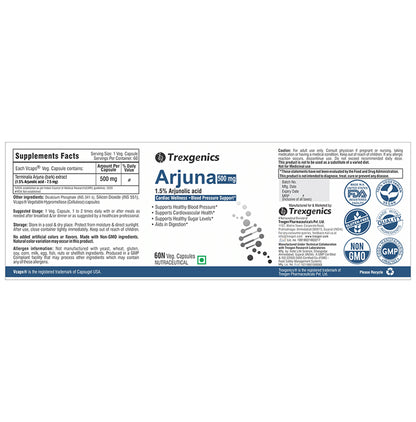 Trexgenics Arjuna 500mg 1.5% Arjunolic Acid Veg Capsule