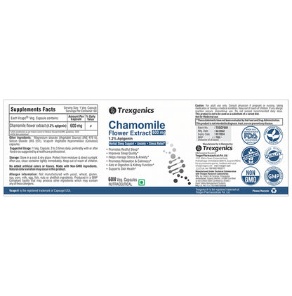 Trexgenics Chamomile Flower Extract 1.2% Apigenin 600mg Veg Capsule