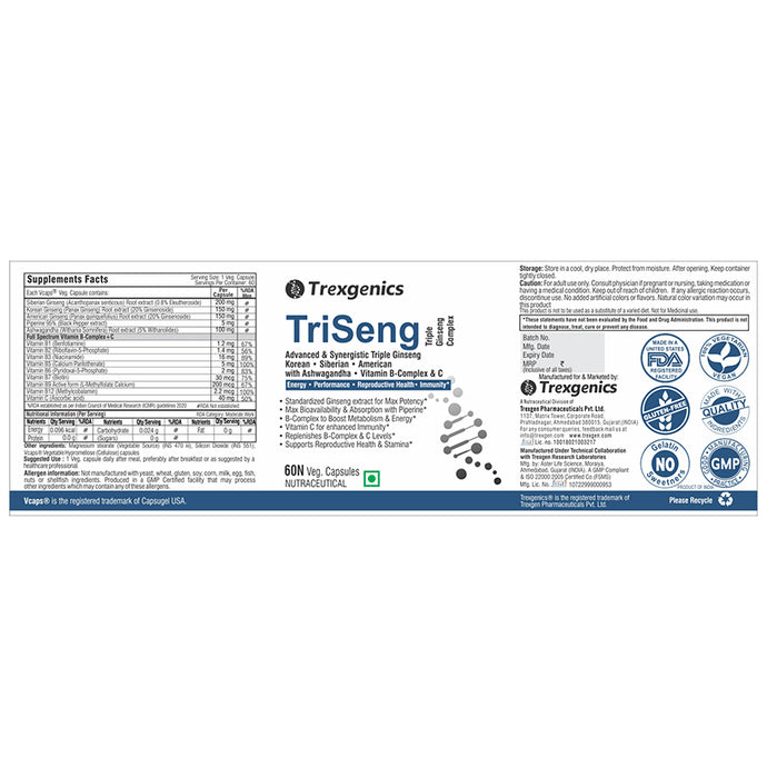 Trexgenics TriSeng Triple Ginseng B-Complex Veg Capsule