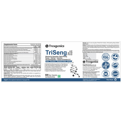 Trexgenics TriSeng Triple Ginseng B-Complex Veg Capsule