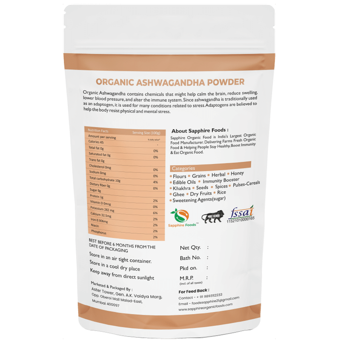Sapphire Foods Organic Ashwagandha Powder