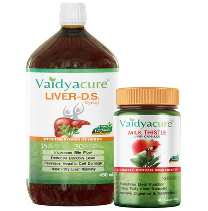 Vaidyacure Fatty Liver Detox Kit (Combo Pack of Liver 60 Capsule & Liver-D.S. 450ml Syrup) - Classic Derma