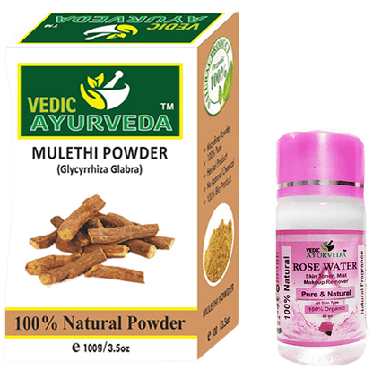 Vedic Ayurveda Combo pack of Mulethi Powder Face Pack & Rose water (60ml) - Classic Derma