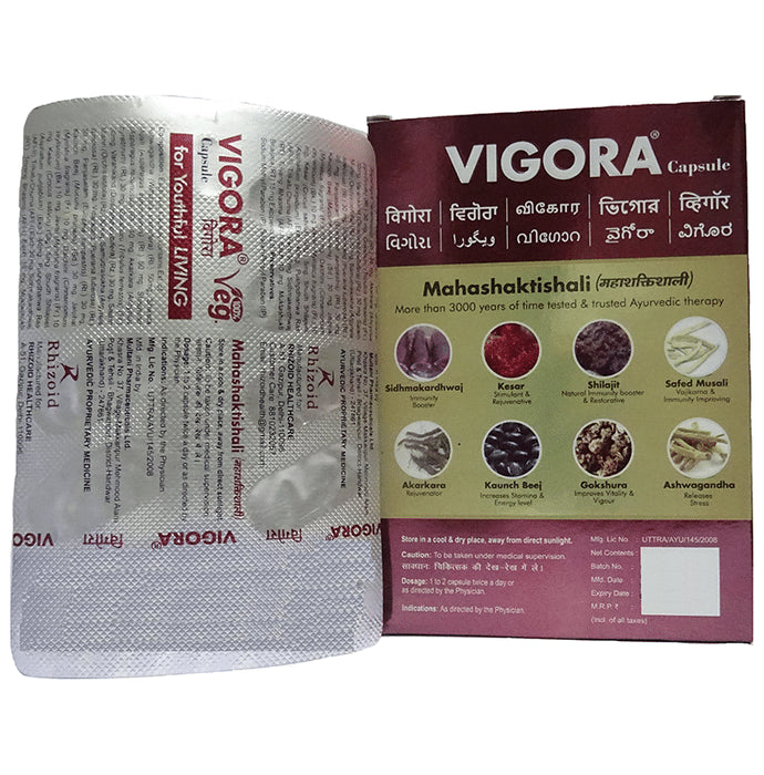 Vigora Capsule (10 Each) with Ashwagandha, Safed Musli, Gokshura & Shilajit - Classic Derma