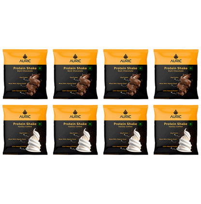 Auric Combo Pack of Protein Shake Sachet (4) Dark Chocolate and (4) Vanilla Coffee Flavour (37gm Each) - Classic Derma