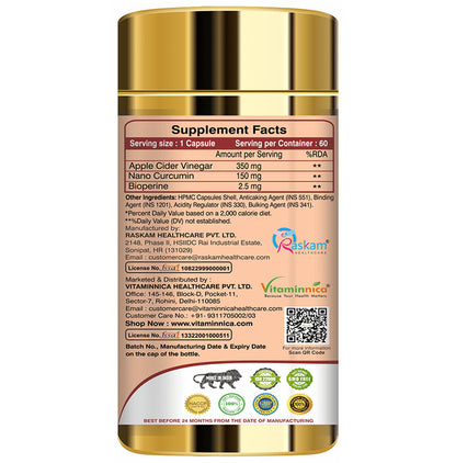 Vitaminnica Apple Cider Vinegar & Curcumin 500mg Veg Capsule