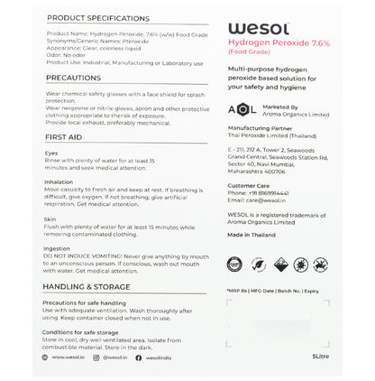 Wesol Food Grade 7% Hydrogen Peroxide Disinfectant Multi Surface Cleaner Liquid
