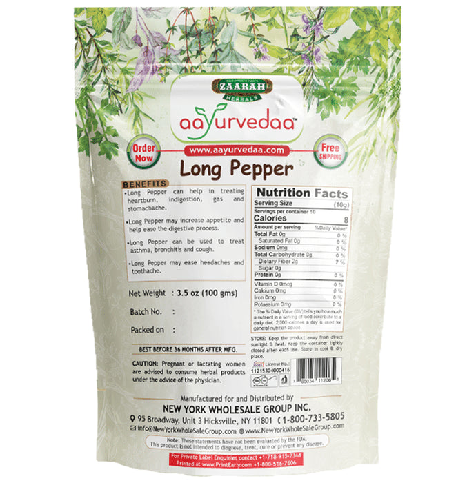 Zaarah Herbals Aayurvedaa 100% Long Pepper