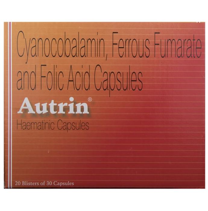 Buy Autrin Hematinic Capsule with Cyanocobalamin, Iron & Folic Acid ...