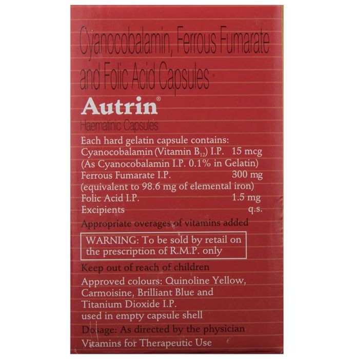 Buy Autrin Hematinic Capsule with Cyanocobalamin, Iron & Folic Acid ...